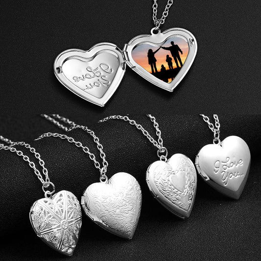 Carved Design Love Necklace Personalized Heart-shaped Photo Frame Pendant Necklace For Women Family Jewelry For Mother's Day